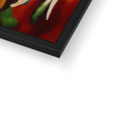 A picture frame with a white backdrop with a red and black image of a painting in