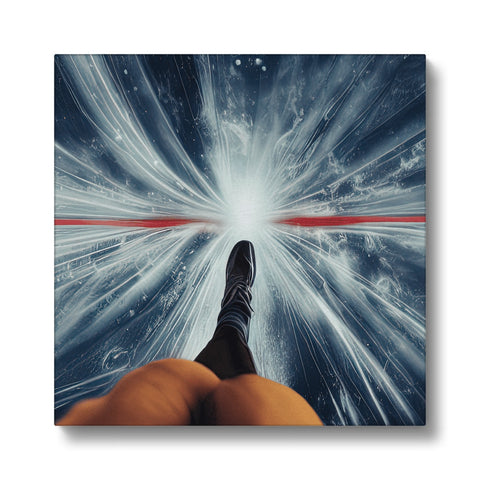 A person jumping through a giant white hole, flying through a space in a sky.