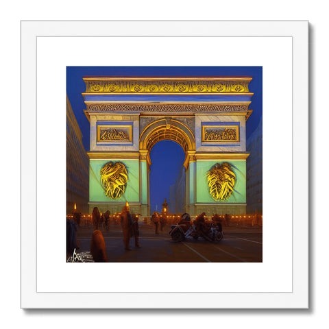 A framed print of street view standing outside of an open courtyard.