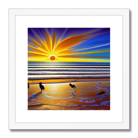 Art print of birds in water with beach and a sunset.