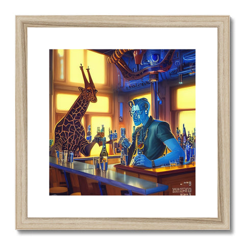 A giraffe on an old fashioned looking wooden table inside of a framed print.
