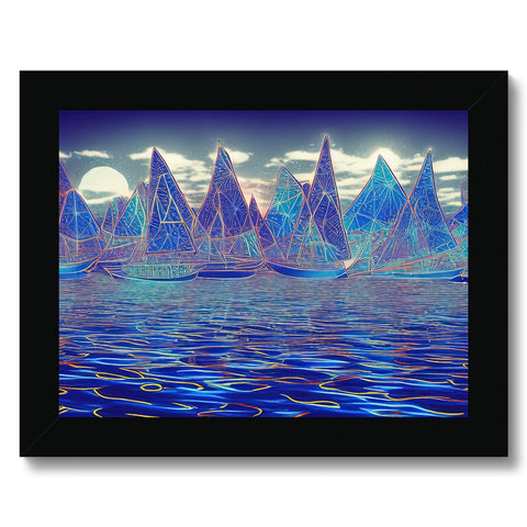 A row of sailboats floating in a lake with a blue background.