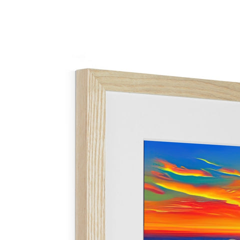 A photograph of an art print in a frame on top of a wooden base.