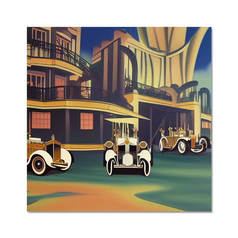 A set of placemats with three cars and blue art prints on them.