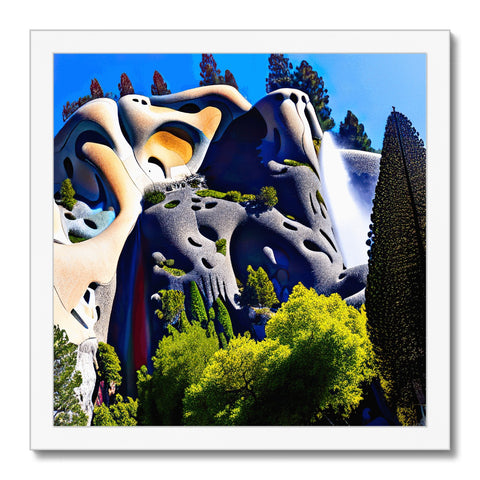 Art print on a waterfall and a large rock in a small mountain's shadow.