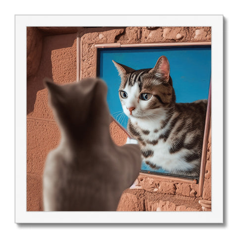 A cat gazing into a picture framed in a photo frame with cat leaning against the wall