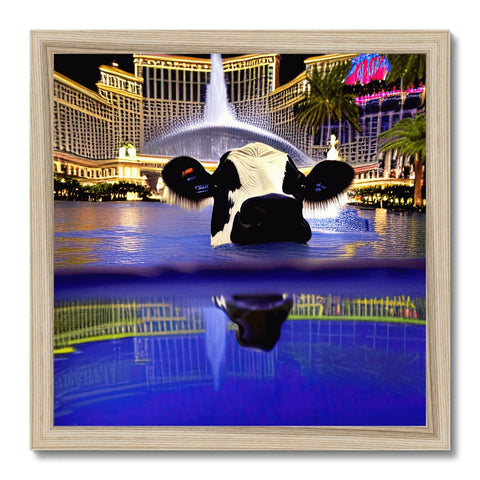 A lone cow resting under a waterfall in an art print.