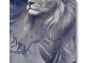An art print with a lion on a piece of tile and a cat on the wall