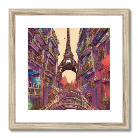 A framed photo of Paris in various colors hanging on a wooden wall.