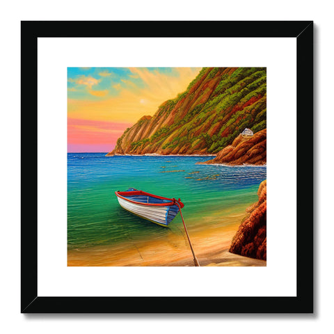 An artwork print of a boat sailing on the water near a beach.