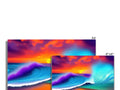 Three surfboard art prints depicting various characters riding waves with a colorful sky on it.