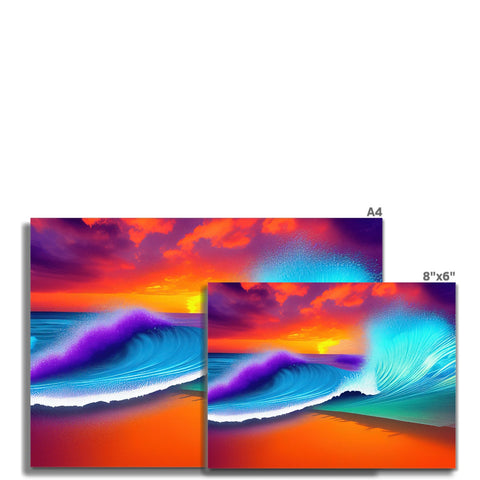 Three surfboard art prints depicting various characters riding waves with a colorful sky on it.