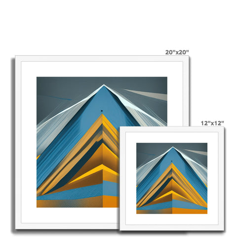 An art print in a picture frame in a blue and yellow background with several photos of