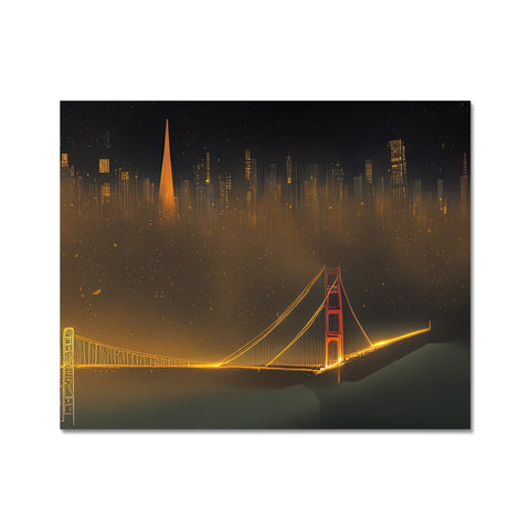 A gold foil artwork with a city skyline in full view.
