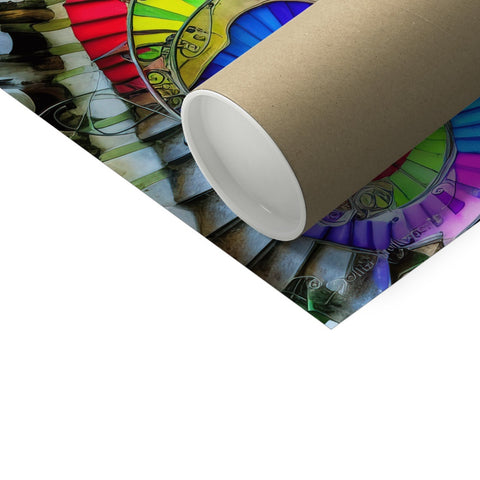 A roll of colorful paper wraps on a toilet roll, two of them are sitting on