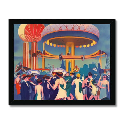 The carnival scene is in front of a colorful art print of a giant ship.