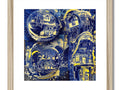 A beautiful looking cityscape printed on wooden framed wall in blue and gold.