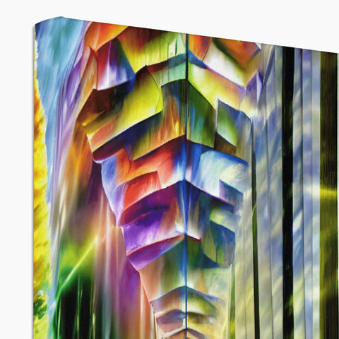 An abstract painting on the back of a pillar with a colorful colored light reflecting on it