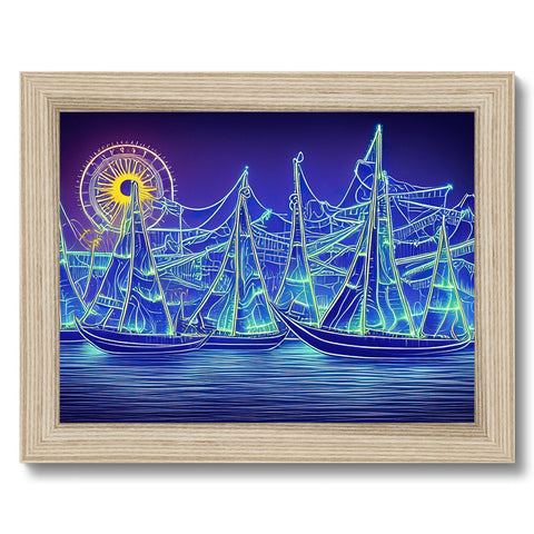 A sail boat and a paddlewheel, both on a lake, with lights, floating