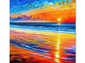 A very large painting of a beach sunset is mounted next to a colorful sunset on the