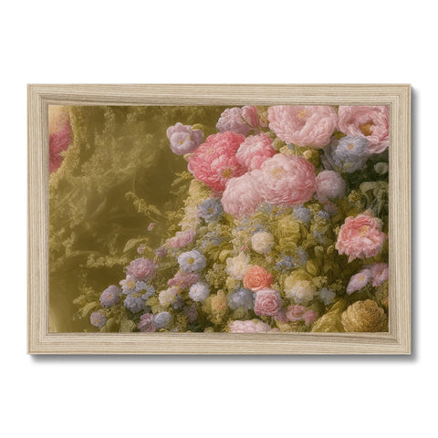 An  art print at the end of a bed made of a white and pink flowers