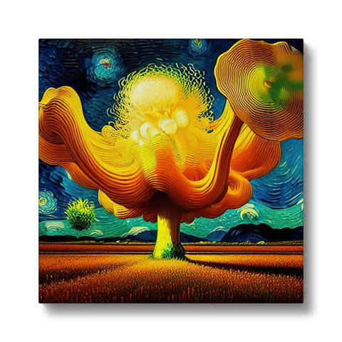 Art print of mushrooms with a tree next to it.