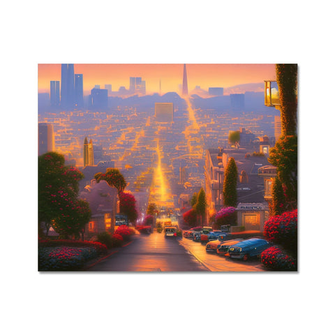 A frame of a painting of San Francisco on the street with a sunrise looking onto a