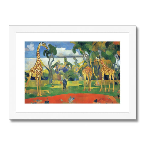 a few giraffes are looking towards a jungle with trees and grass