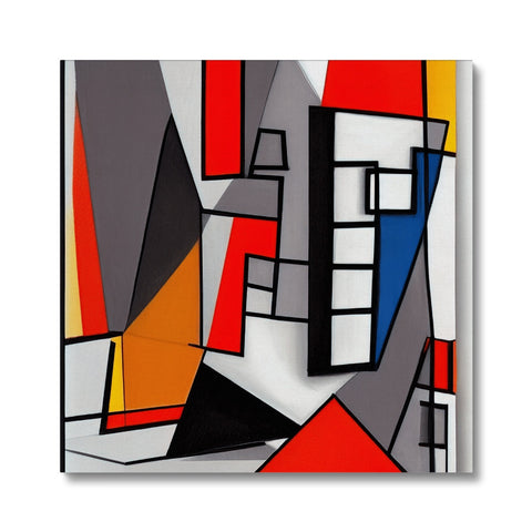 A geometric design on a canvas surrounded by rectangular pieces of paper and a painting on a
