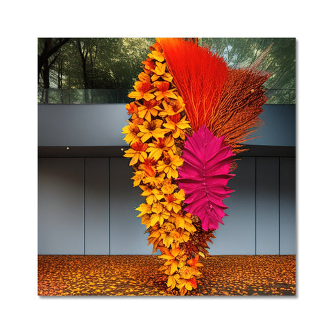 The feather duster is sitting on the shelf with a pair of orange leaves.