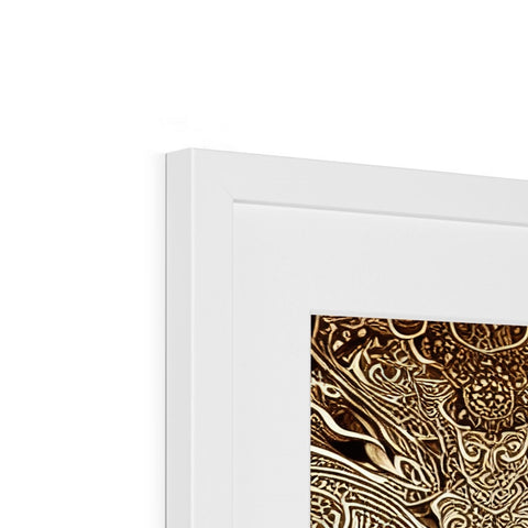 Picture frames with gold and black and white image on a white wall holding glass.