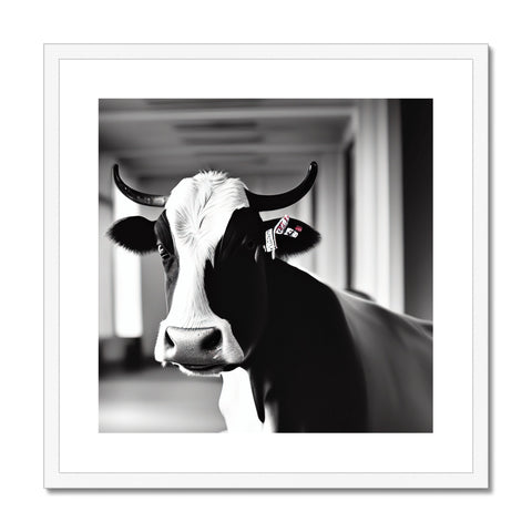 A cow is standing by a road on a white background.