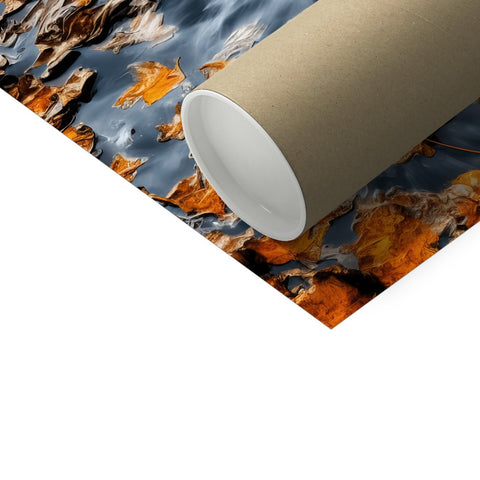 An empty bathroom roll of white paper on its side covered in leaves.