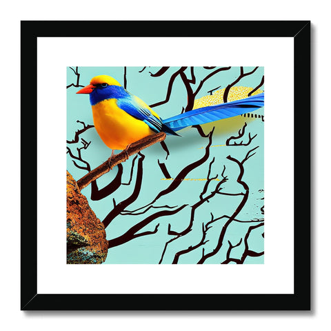 A photo of a colorful and yellow bird sitting on the bottom of a wooden framed artwork