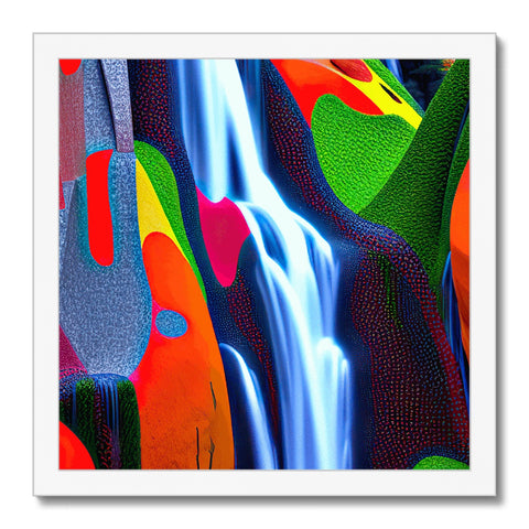 An art print of a waterfall with different rainbow paintings in it.