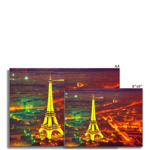 four photographs of the iconic Eiffel tower and a bunch of place mats next to