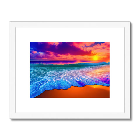 Art print of a beach with colorful vegetation and flowers.