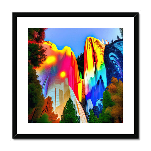 A colorful art print with a rainbow laying on top of a white mountain.