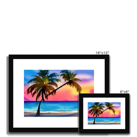 Art print hangs on three colorful trees a window a picture of a beach and some trees