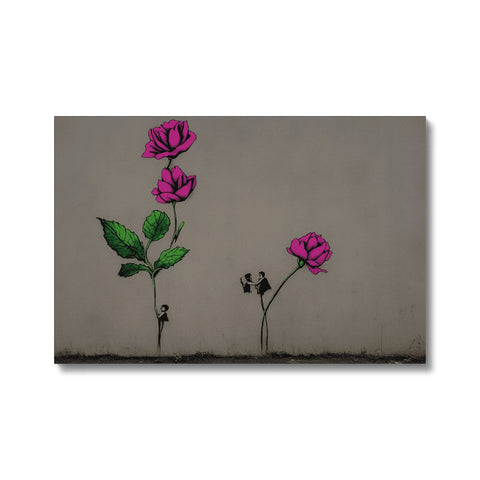 Art print on metal surface with flowers on a wall.