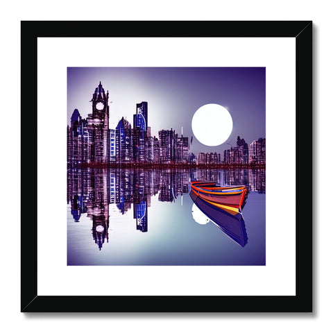 An art print on a wooden boat on top of a river's water.