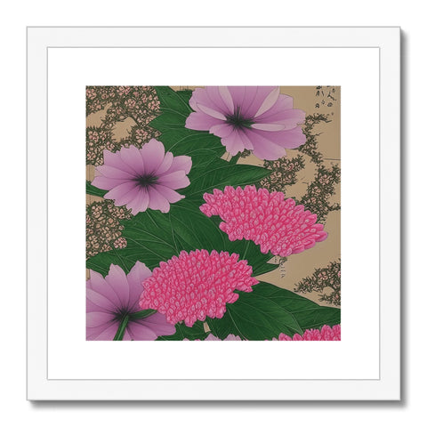 An art print that is on a pillow filled with pink flowers