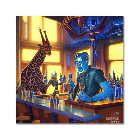 There is an art print of a bartender next to a bottle of beverage.