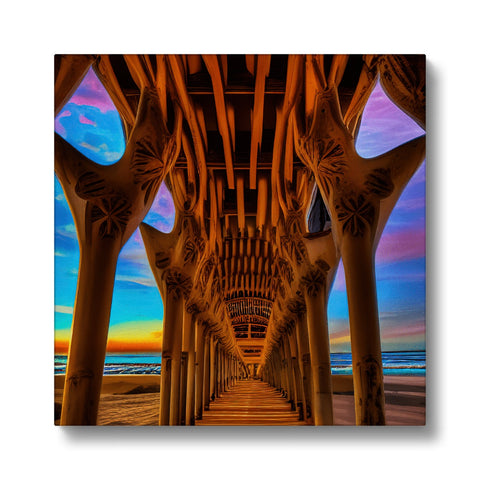 An art print hanging over a wooden archway in an old wooden bridge in front of