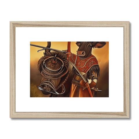 A framed image of a horse with a sword, shield and two swords.