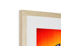 A wooden frame with art in different sizes and shapes.
