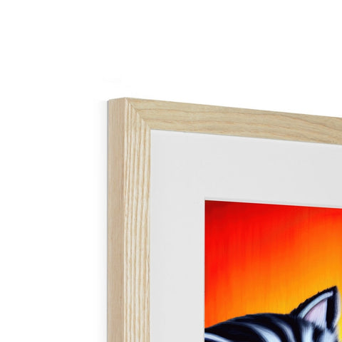 A wooden frame with art in different sizes and shapes.