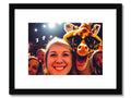 A giraffe is standing in a picture on a picture frame.