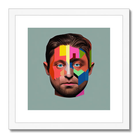 an art print with a rainbow face with a red and silver background
