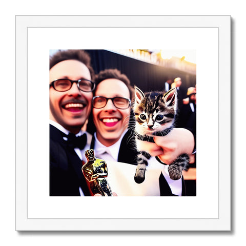 two cats holding umbrellas and wearing bow ties around each other in a picture frame